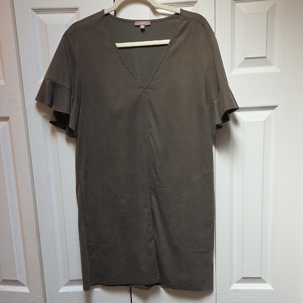LILA P Olive Green V-Neck Ruffle Sleeve Dress With Pockets SZ M